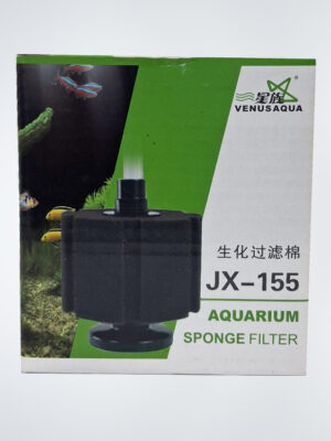 VENUSAQUA Aquarium Sponge Filter JX-155, a dual filtration system designed for efficient mechanical and biological filtration in freshwater and saltwater aquariums. Compact and easy to maintain, it promotes oxygen exchange while ensuring a clean and healthy environment for fish and aquatic plants.