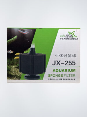 VENUSAQUA Aquarium Sponge Filter JX-155, a dual filtration system designed for efficient mechanical and biological filtration in freshwater and saltwater aquariums. Compact and easy to maintain, it promotes oxygen exchange while ensuring a clean and healthy environment for fish and aquatic plants.