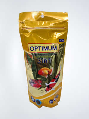 Optimum Super Premium Formula 3 in 1 fish food in a resealable package, designed to provide balanced nutrition, color enhancement, and immune support for a variety of freshwater and marine fish.