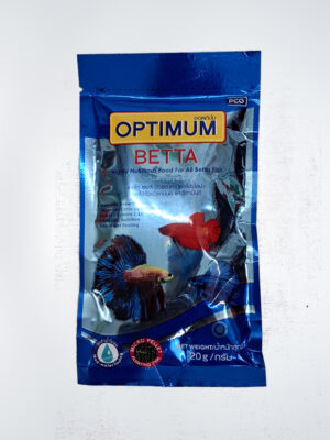 Optimum Beta fish food in a resealable package, formulated specifically for all betta fish, offering balanced nutrition and color enhancement for healthy, vibrant bettas.