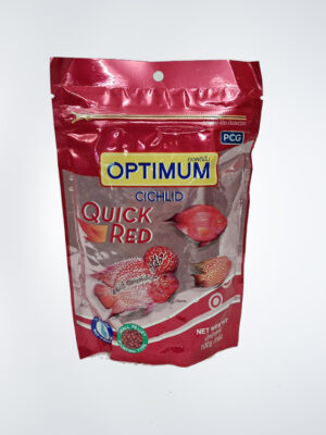 Optimum Cichlid for All Cichlid Fish Quick Red in a resealable package, formulated to provide premium nutrition, promote vibrant colors, and support healthy growth for all cichlid species.