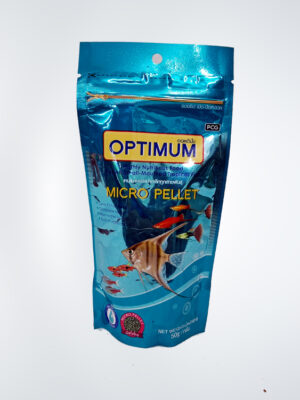 Optimum Micro Pellet fish food in a resealable package, designed for small-mouthed tropical fish. Provides a nutritious, easy-to-digest diet that promotes health, growth, and vibrant coloration.