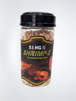 Xing Shrimp-E natural fish food in a resealable package, featuring high-quality pellets designed for shrimp and small aquatic creatures, promoting healthy growth and vibrant colors.