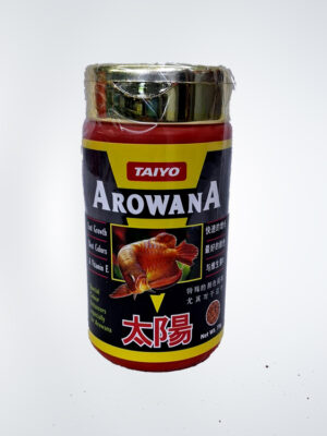 Taiyo Professional Arowana Food in a resealable package, featuring high-quality floating pellets designed for Arowanas, promoting healthy growth and vibrant colors.