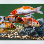 Small Koi (Koi Carp) displaying vibrant colors and intricate patterns swimming gracefully in a well-maintained pond, showcasing their beauty in Kukatpally, Hyderabad.