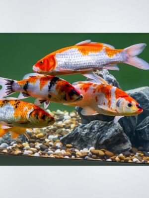 Small Koi (Koi Carp) displaying vibrant colors and intricate patterns swimming gracefully in a well-maintained pond, showcasing their beauty in Kukatpally, Hyderabad.