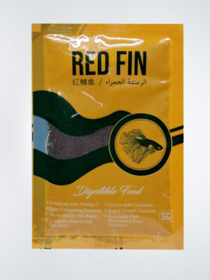 "Packaging of Red Fin Premium Digestible Fish Food displayed at Happy Fish and Pet, a local aquarium shop in Kukatpally, showcasing its nutrient-rich formula designed to promote health and vitality in various fish species."